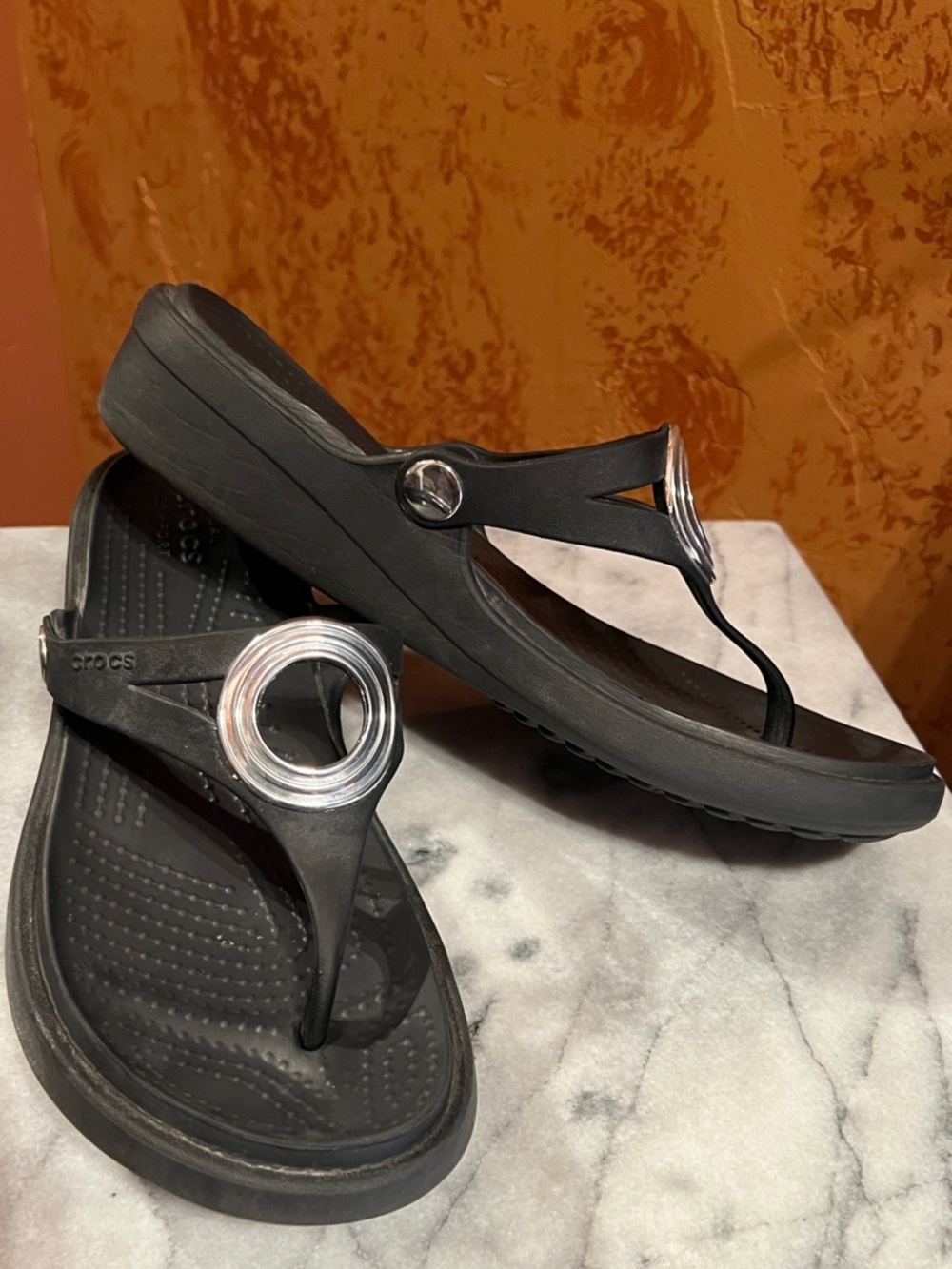 CROCS Black Women's Wedge Thong Sandals with Silver Ring Accent
